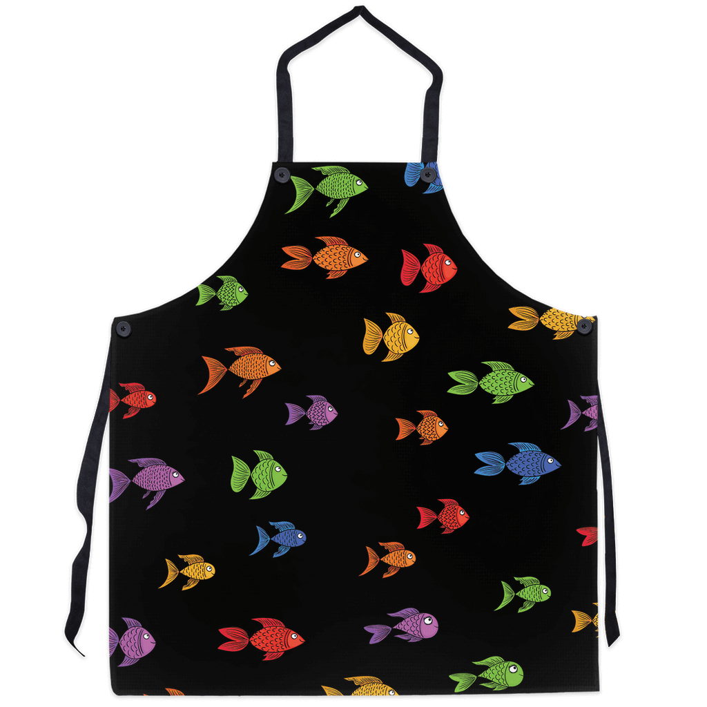 Apron with vibrant colored fish pattern on a black background, perfect for kitchen enthusiasts who love marine life.