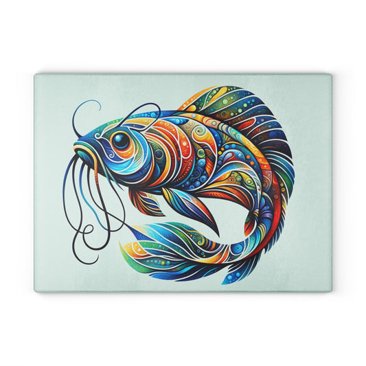 Vibrant catfish glass cutting board with colorful fish design on tempered glass