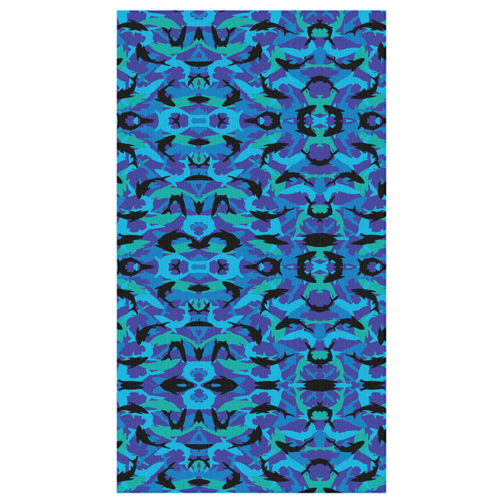 Vibrant blue tablecloth with intricate shark pattern design for a coastal-themed dining experience.