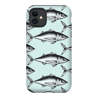 Stylish phone case with black and white fish design on a light blue background.