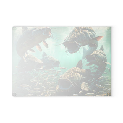 Catfish swimming underwater design on a glass cutting board with vibrant colors, perfect for food prep or stylish kitchen decor.