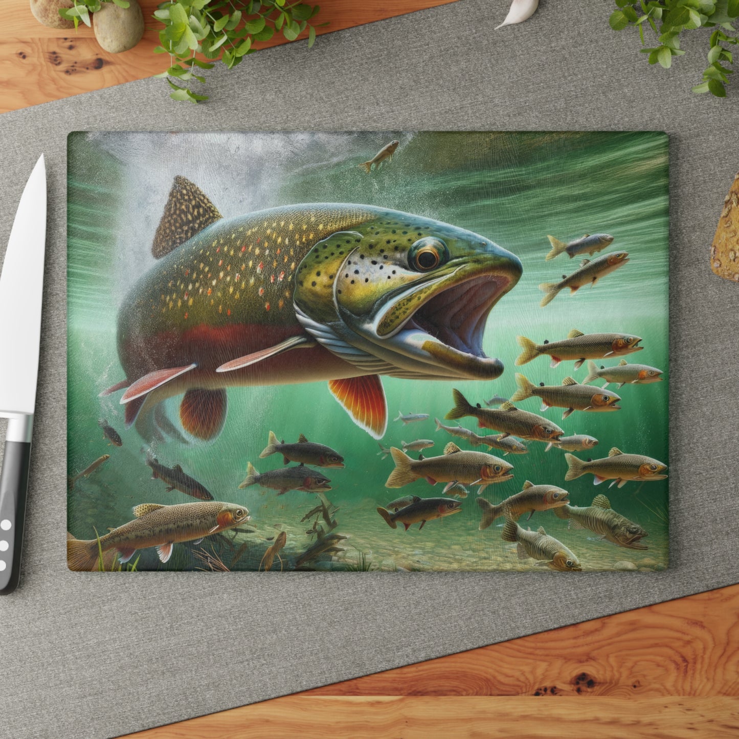 Brook Trout Glass Cutting Board with vibrant fish design displayed on a kitchen countertop with a knife.