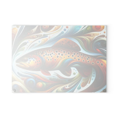 Psychedelic Brown Trout Glass Cutting Board with vibrant abstract fish design.