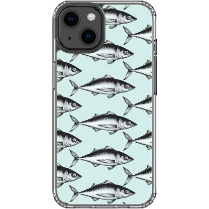 Phone case with black fish pattern on light blue background.