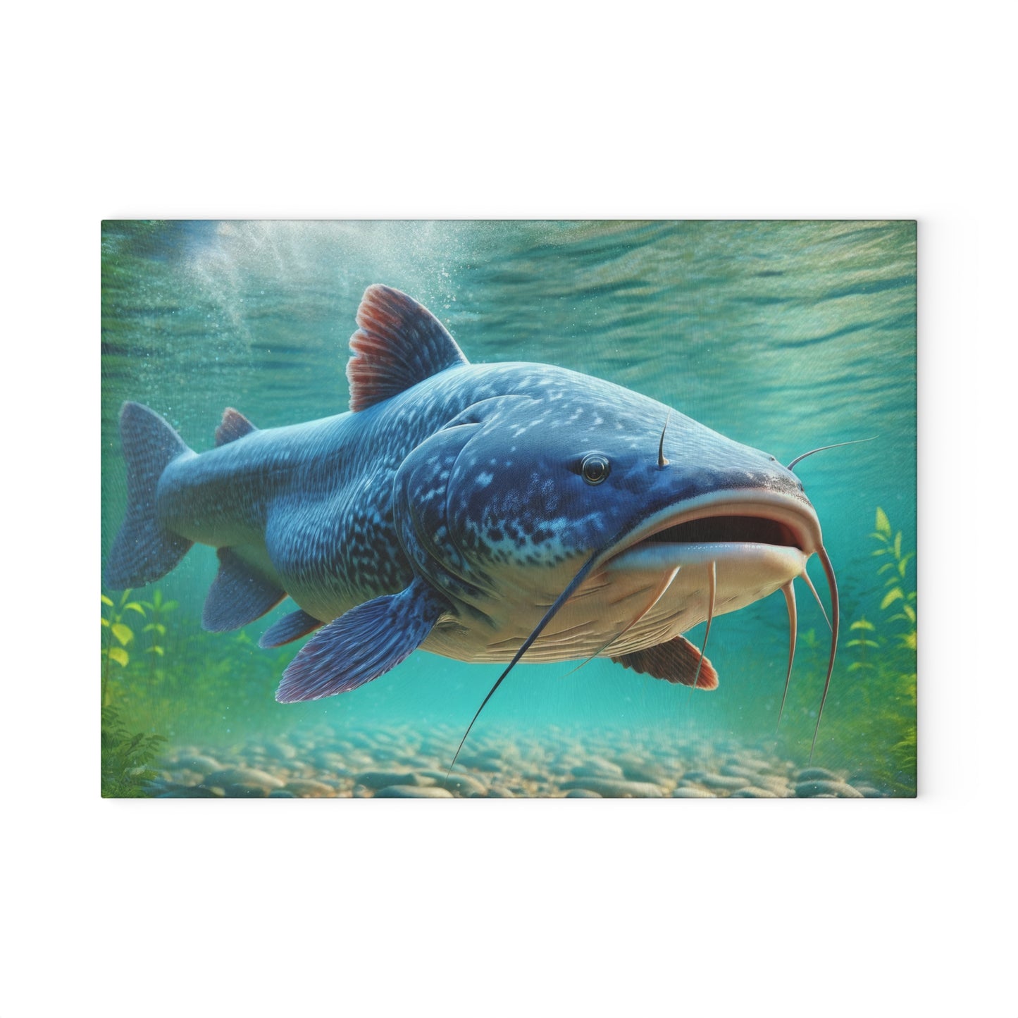 Vibrant catfish design on a glass cutting board showcasing underwater beauty