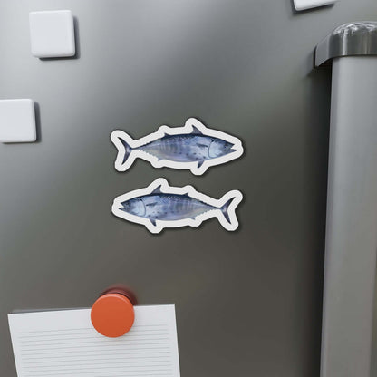 Little Tunny Tuna fish shaped magnets on a fridge, perfect for fishing fans and fun kitchen décor.