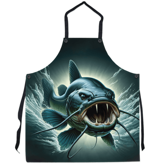 Apron with fierce catfish design splashing water, perfect for fun and unique cooking experiences.