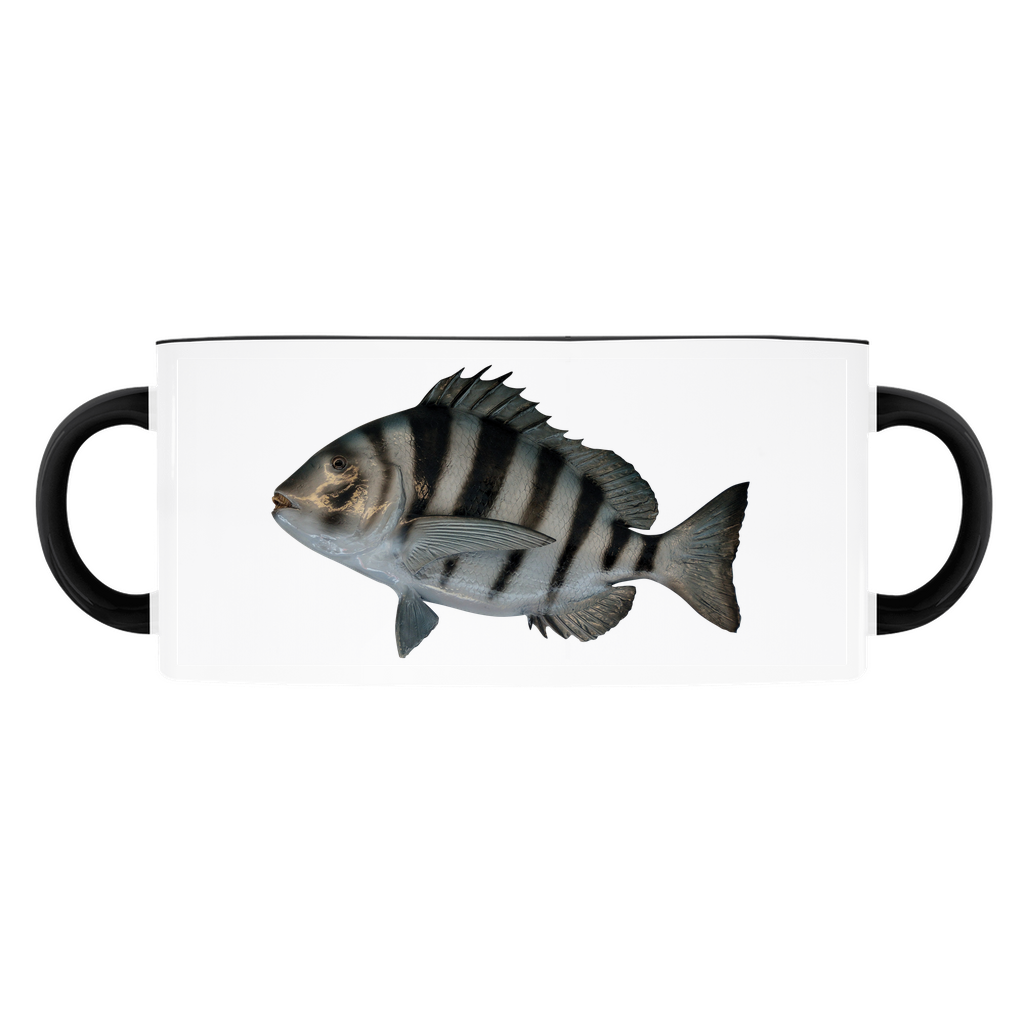 Sheepshead accent mug with black handle and rim on white background.