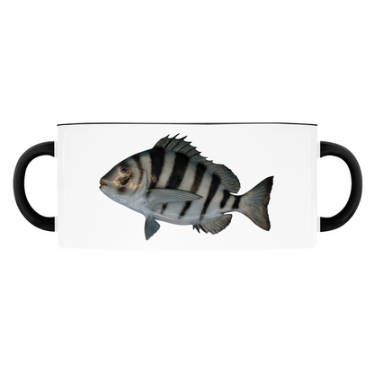 Sheepshead accent mug with black handle and rim on white background.