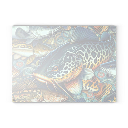 Catfish glass cutting board with vibrant fish design, perfect for adding a stylish accent to any kitchen and for food preparation