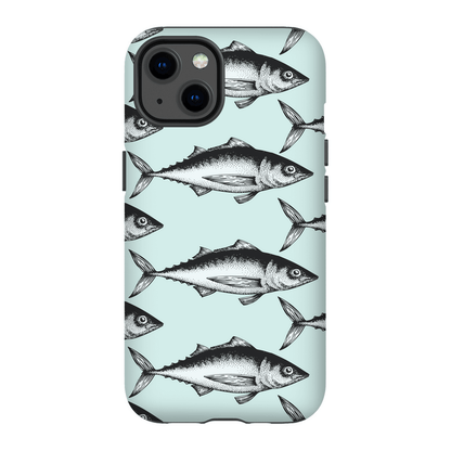 Phone case with black fish pattern on a light blue background, featuring an iPhone camera cutout.