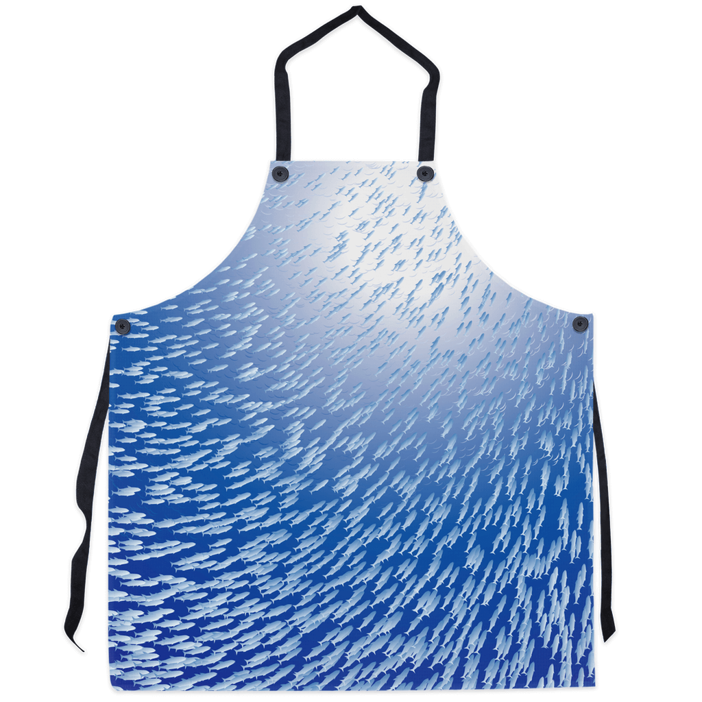 Ocean-themed apron with a vibrant school of fish design, showcasing a dynamic and colorful underwater scene.