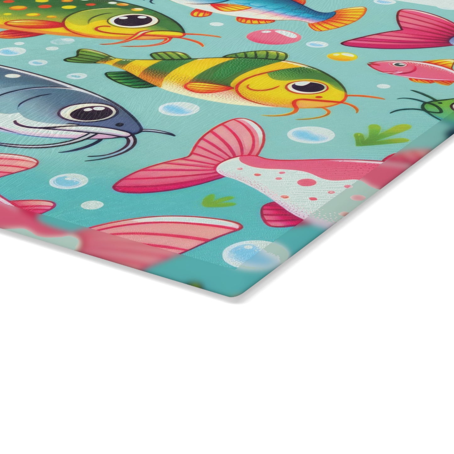 Colorful catfish and fish design on glass cutting board for a vibrant kitchen decor touch