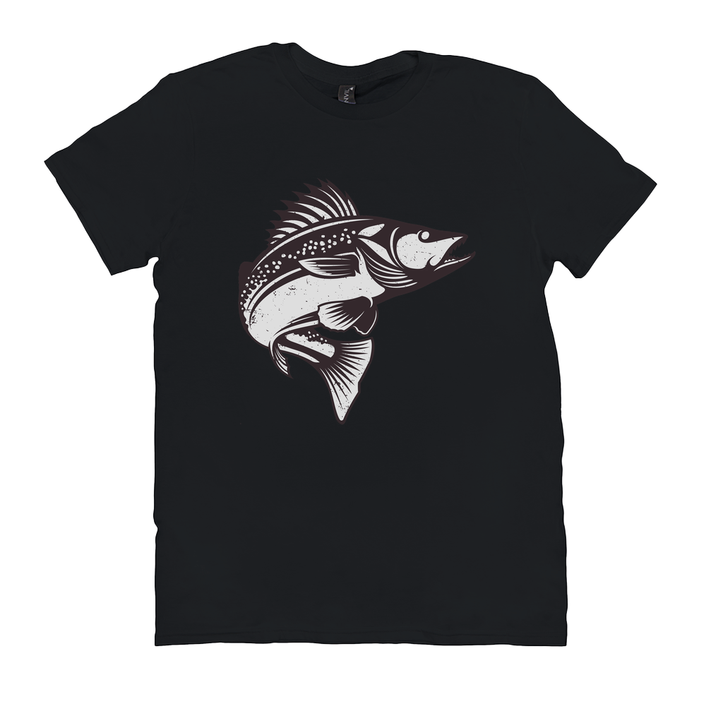 Black Walleye T-Shirt with dynamic fish design, perfect for fishing enthusiasts and anglers seeking stylish and comfortable apparel