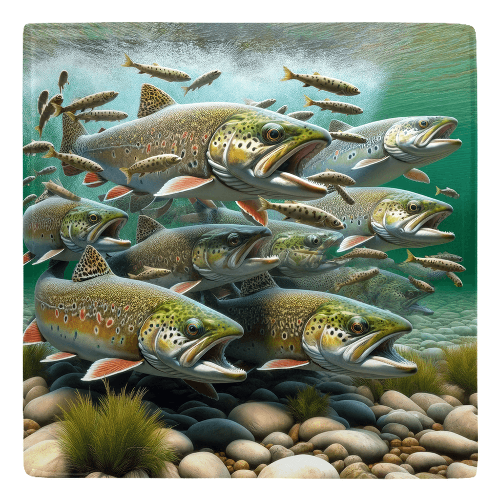 School of trout swimming underwater, ideal inspiration for fish décor or fun fridge magnets in home or office.