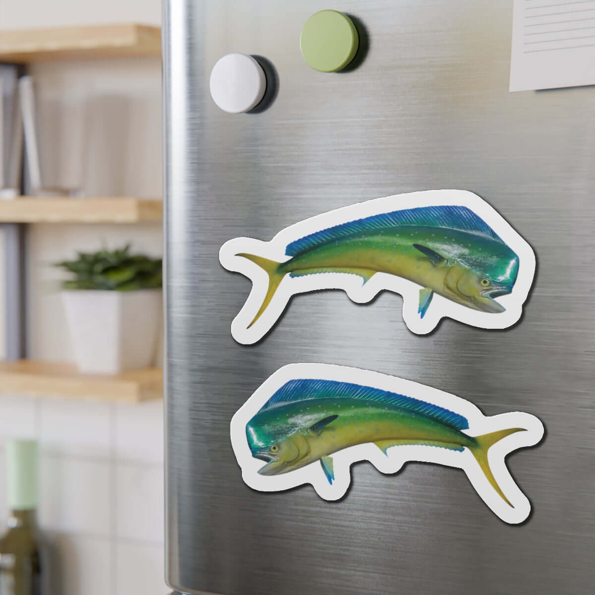 Mahi-Mahi fish shaped magnets on fridge, perfect for fish décor and fun kitchen accents