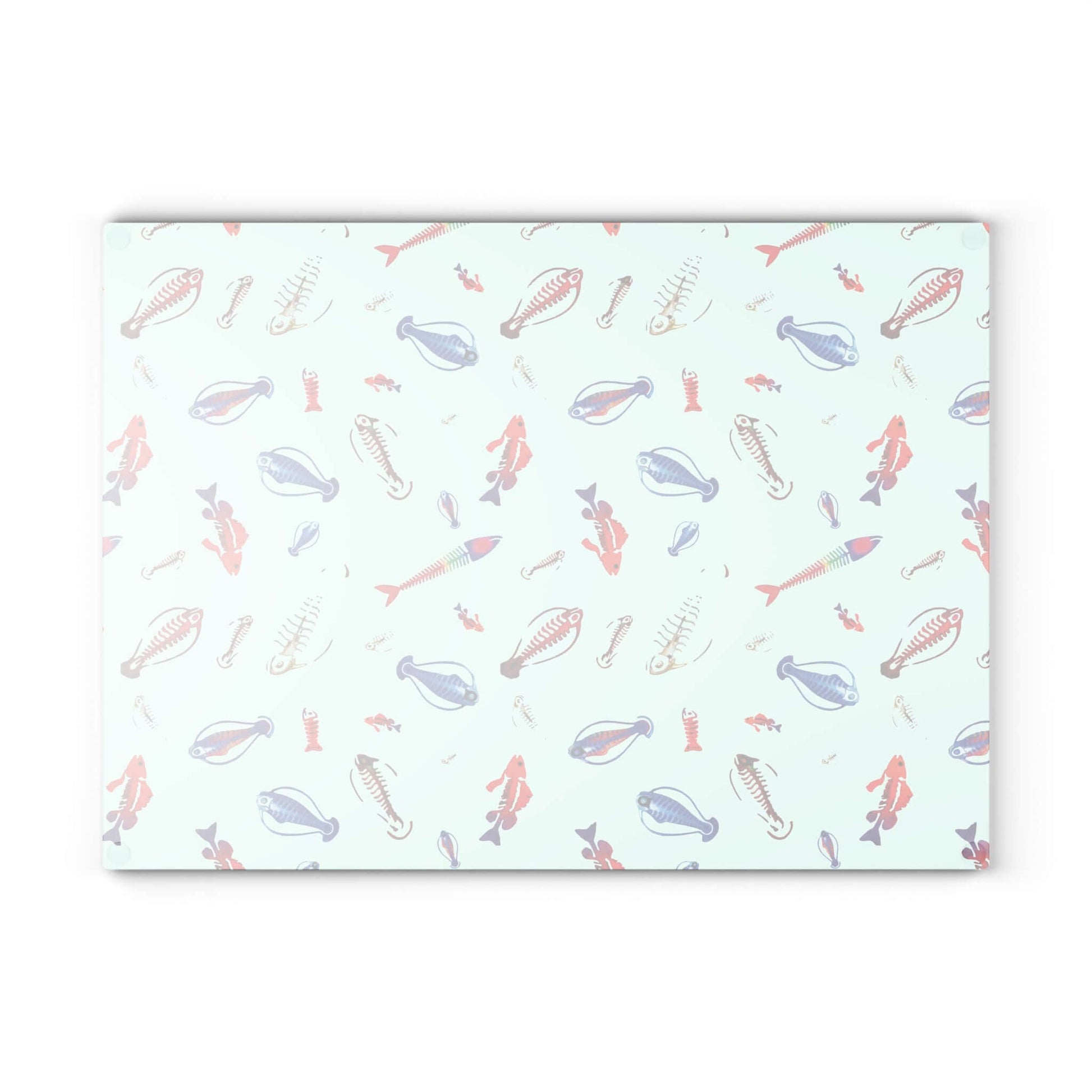 Deep Sea Skeleton Fish Glass Cutting Board with colorful fish design on a light background.