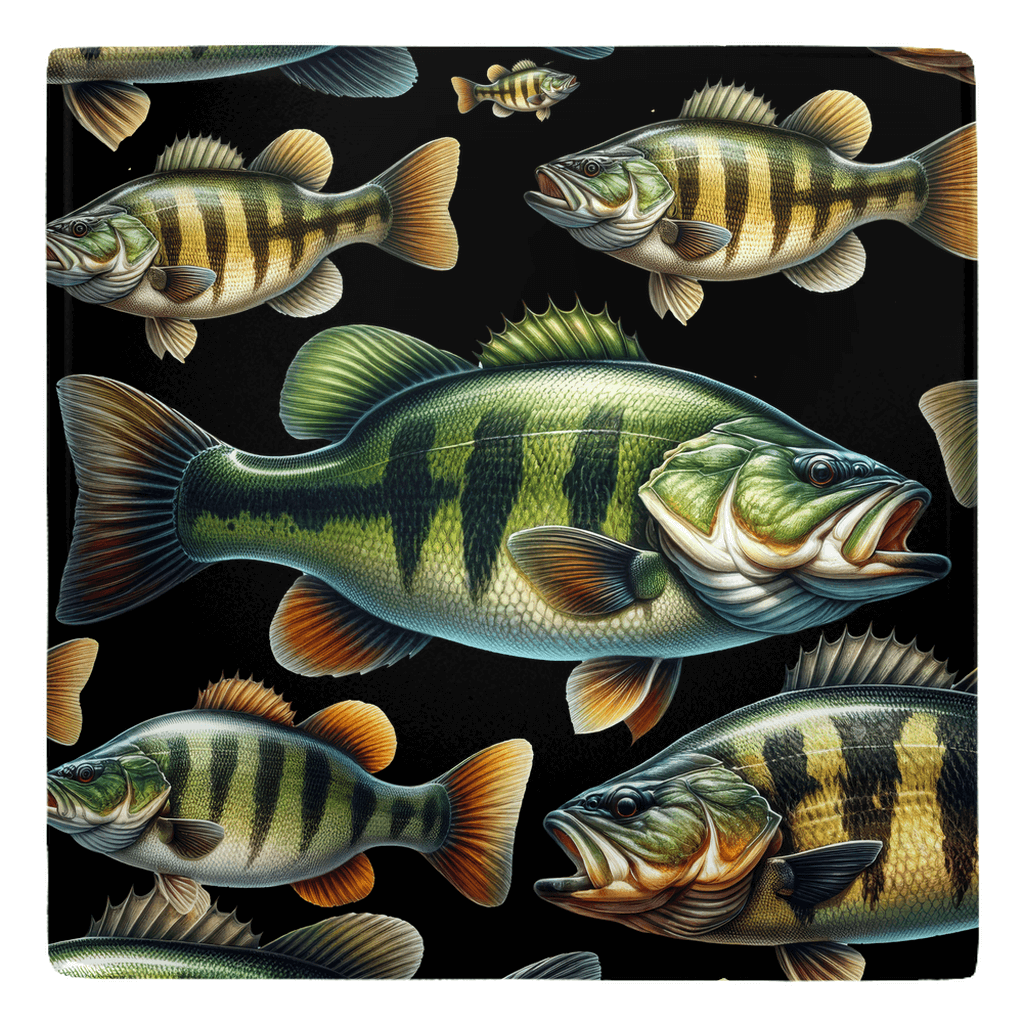 Largemouth Bass metal magnets in fish décor design featuring vibrant fish imagery on a stylish black background.