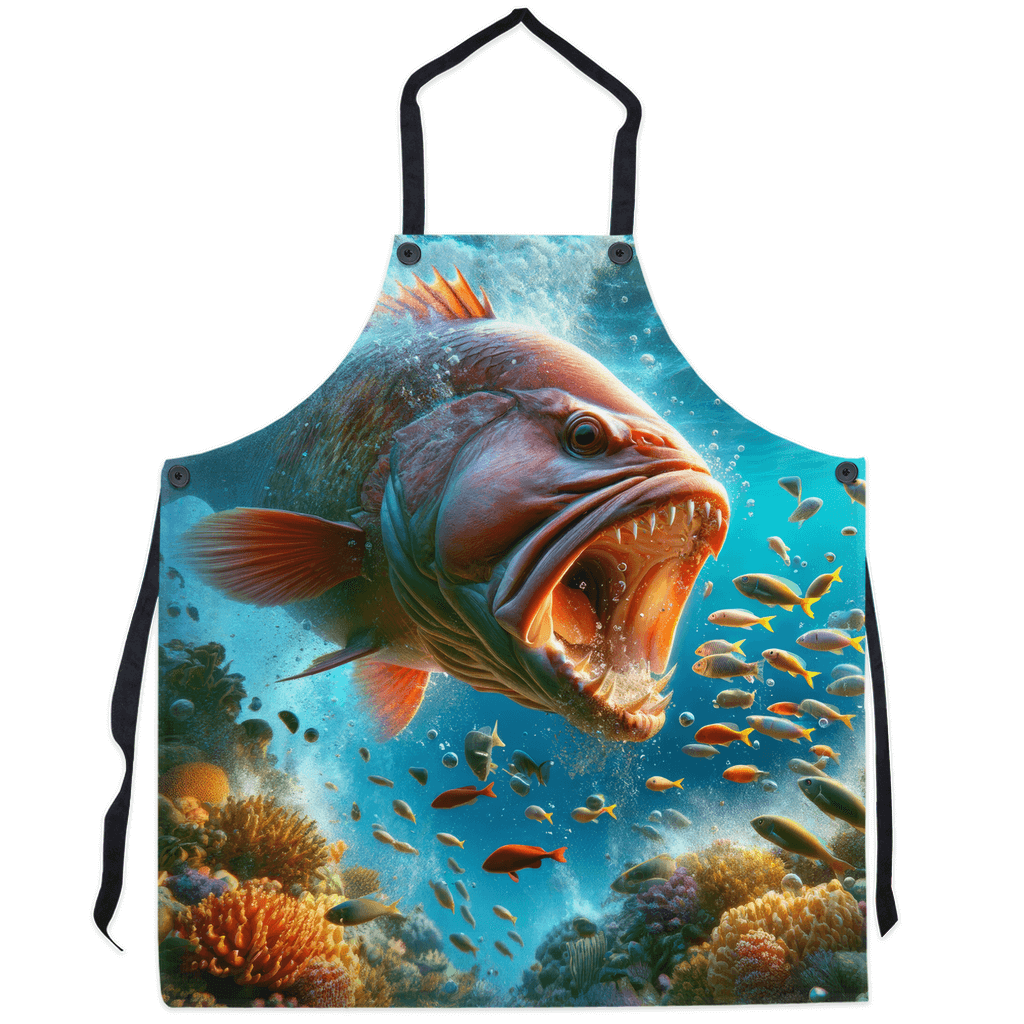 Colorful Snapper fish apron with detailed ocean design featuring a bold and realistic Snapper amidst vibrant coral and tropical fish.