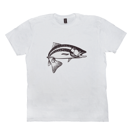 White Trout T-Shirt with black and white trout design, ideal for fish enthusiasts, anglers, and nature lovers.