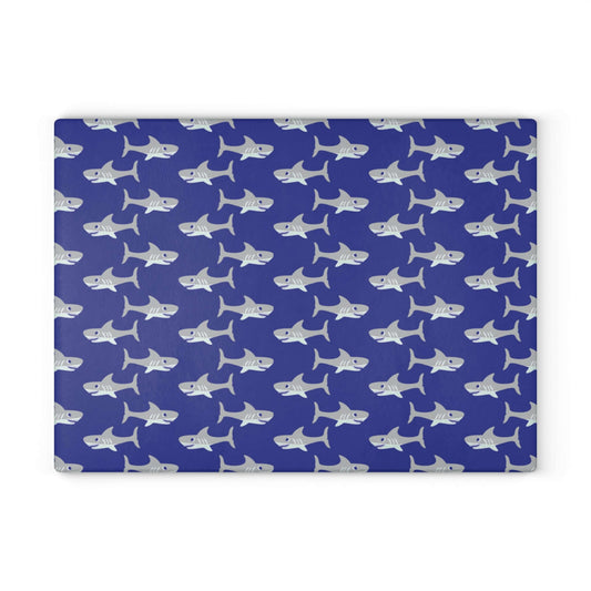 Cute Shark Pattern Glass Cutting Board with vibrant fish design on blue background