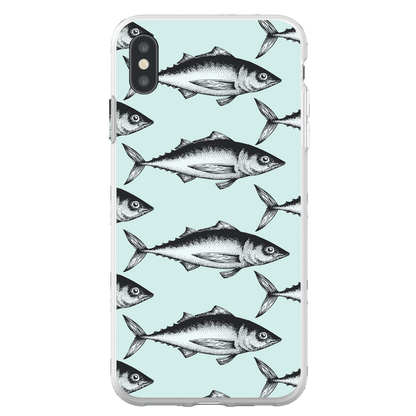 Stylish phone case with a pattern of hand-drawn fish on a light blue background