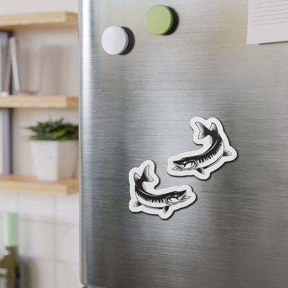 Muskie fish shaped magnets on refrigerator for fish décor and fun kitchen accents.