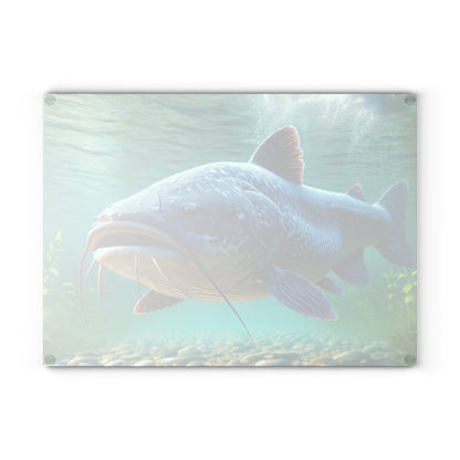 Vibrant glass cutting board with a detailed catfish design, perfect for kitchen decor and food prep.