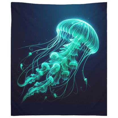 Glowing green jellyfish wall tapestry, vibrant fish décor for your home.