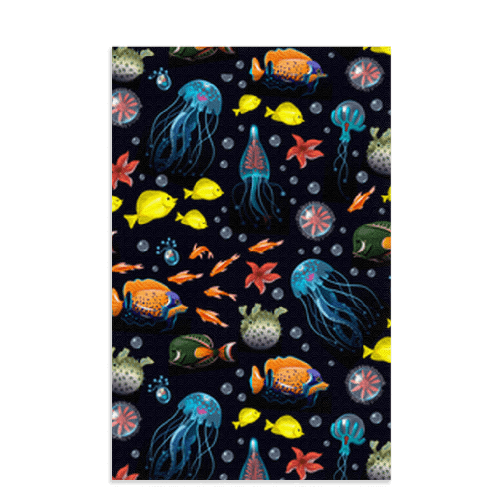 Deep sea fish and jellyfish dish towel with colorful ocean design