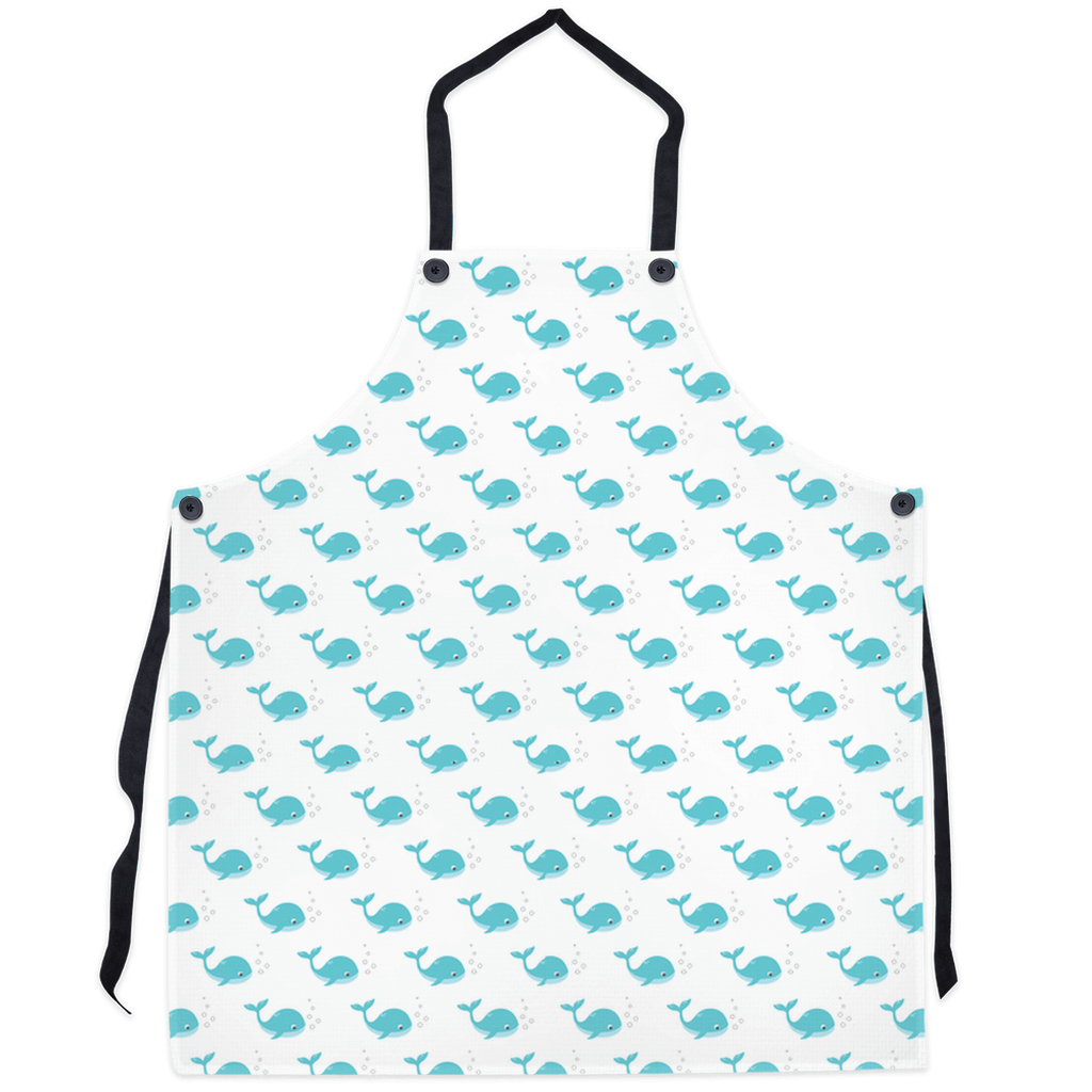 Light blue whale pattern apron on a white background, perfect for adding a playful nautical touch to your kitchen.