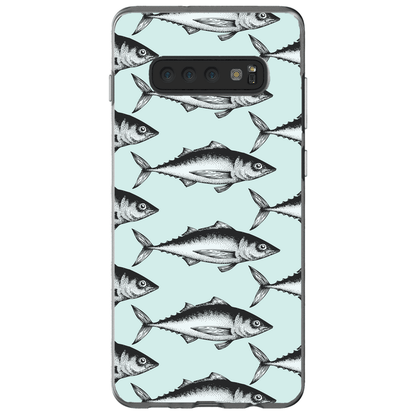 "Phone case with black and white fish pattern on light blue background"