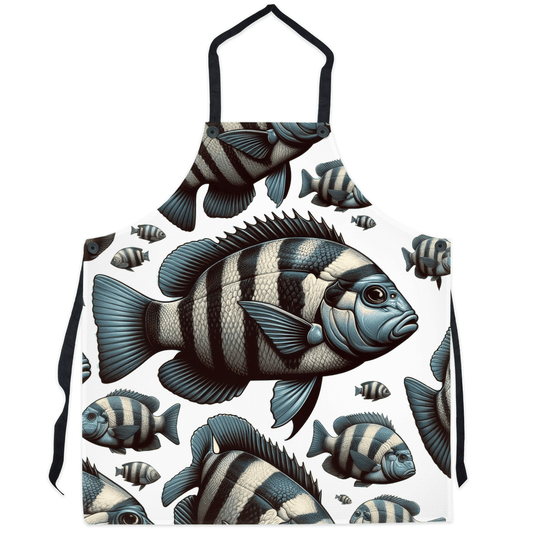 Vibrant Sheepshead fish apron with realistic, colorful underwater design. Perfect for seafood lovers and ocean enthusiasts.