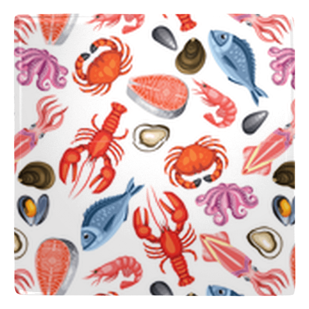 Colorful seafood design on metal magnets featuring fish décor for fun kitchen flair.