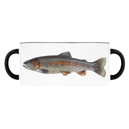 "White ceramic mug with realistic trout fish design on it"