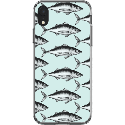 iPhone case with a pattern of illustrated fish on a light blue background.