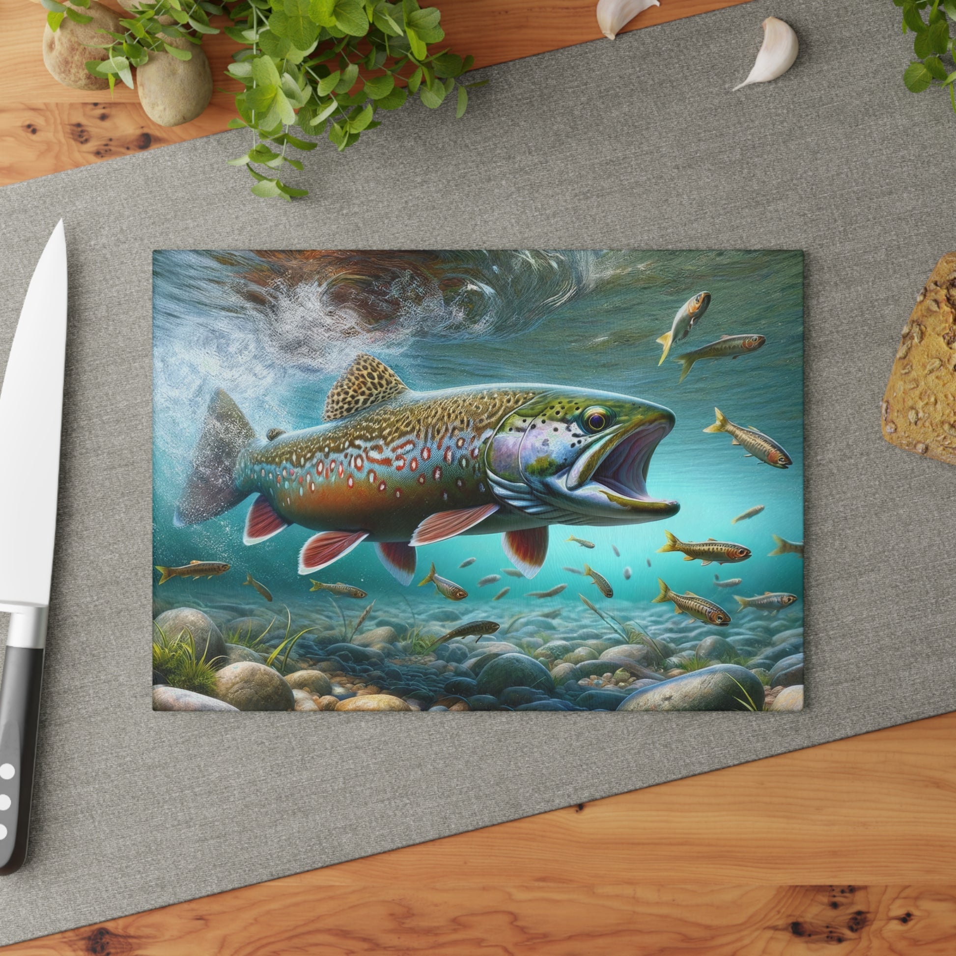 Brook Trout glass cutting board with vibrant fish design on countertop