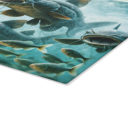 Catfish glass cutting board with vibrant fish design on durable tempered glass.