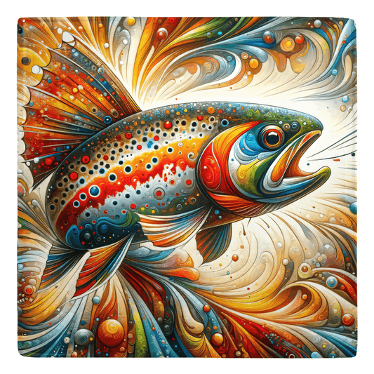 Vibrant trout abstract design metal magnet adds artistic fish décor to your fridge or office space.