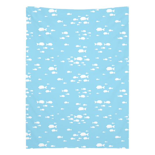 Vibrant fish pattern wall tapestry with blue background for fish wall decor.