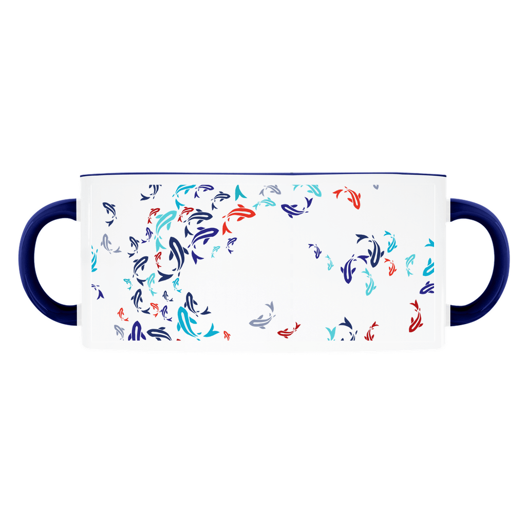 Karp, Koi Fish mug on a light blue background, with a black handle and rim.