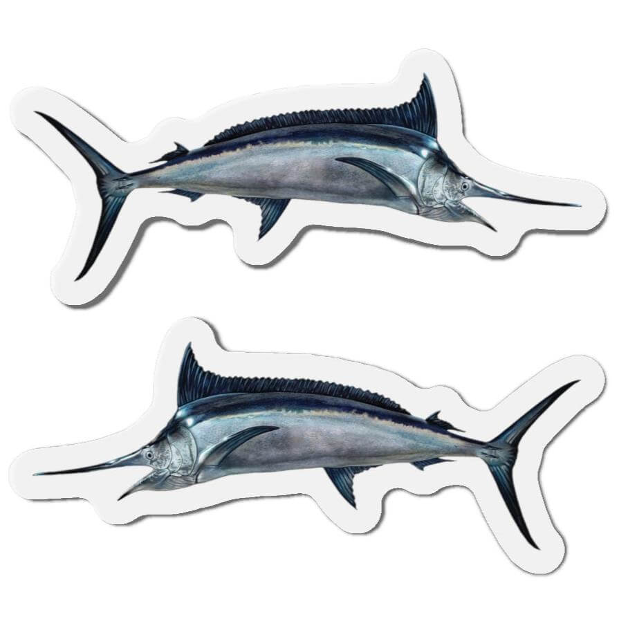 Black Marlin fish shaped refrigerator magnets for fishing enthusiasts, featuring realistic left and right-facing designs.