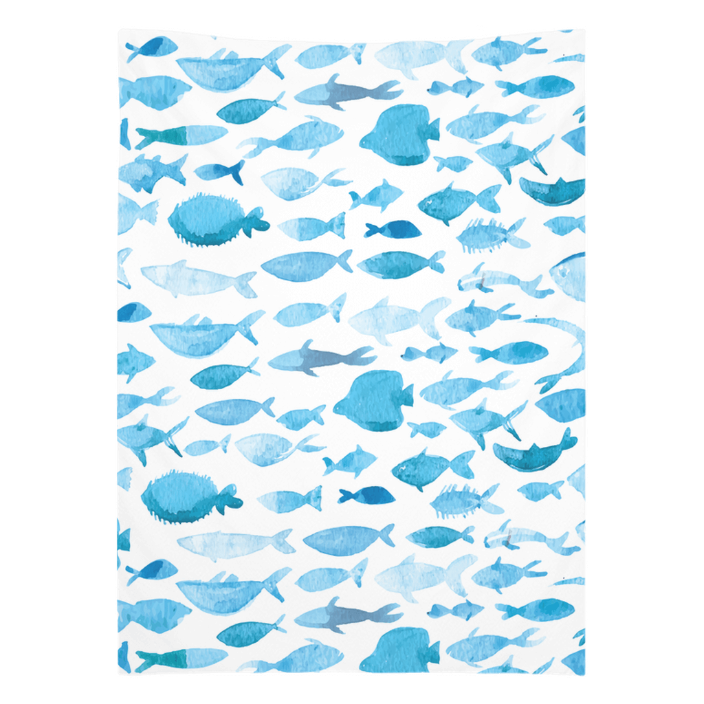 Blue watercolor fish wall tapestry featuring a vibrant fish theme design, perfect for fish wall art and stylish home décor.