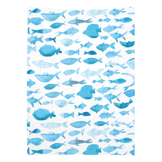 Blue watercolor fish wall tapestry featuring a vibrant fish theme design, perfect for fish wall art and stylish home décor.