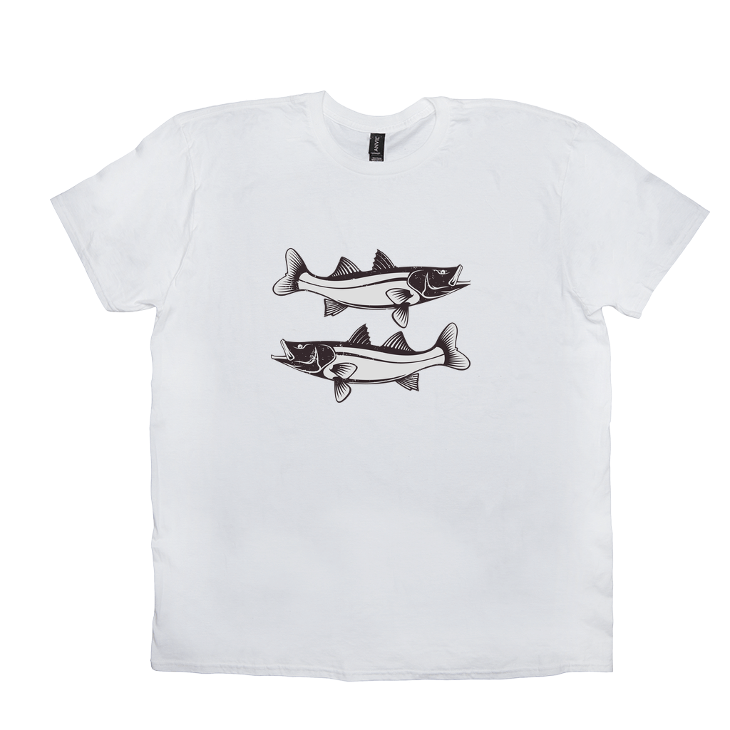 Snook T-Shirt with black and white fish design, crafted from 100% cotton, perfect for fishing and angling enthusiasts.