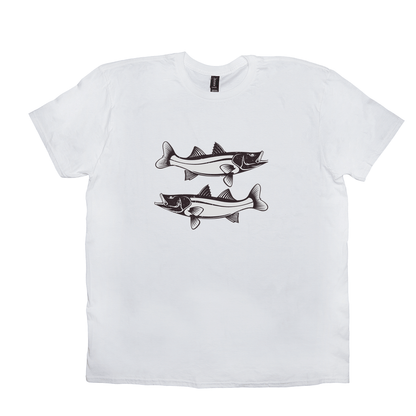 Snook T-Shirt with black and white fish design, crafted from 100% cotton, perfect for fishing and angling enthusiasts.