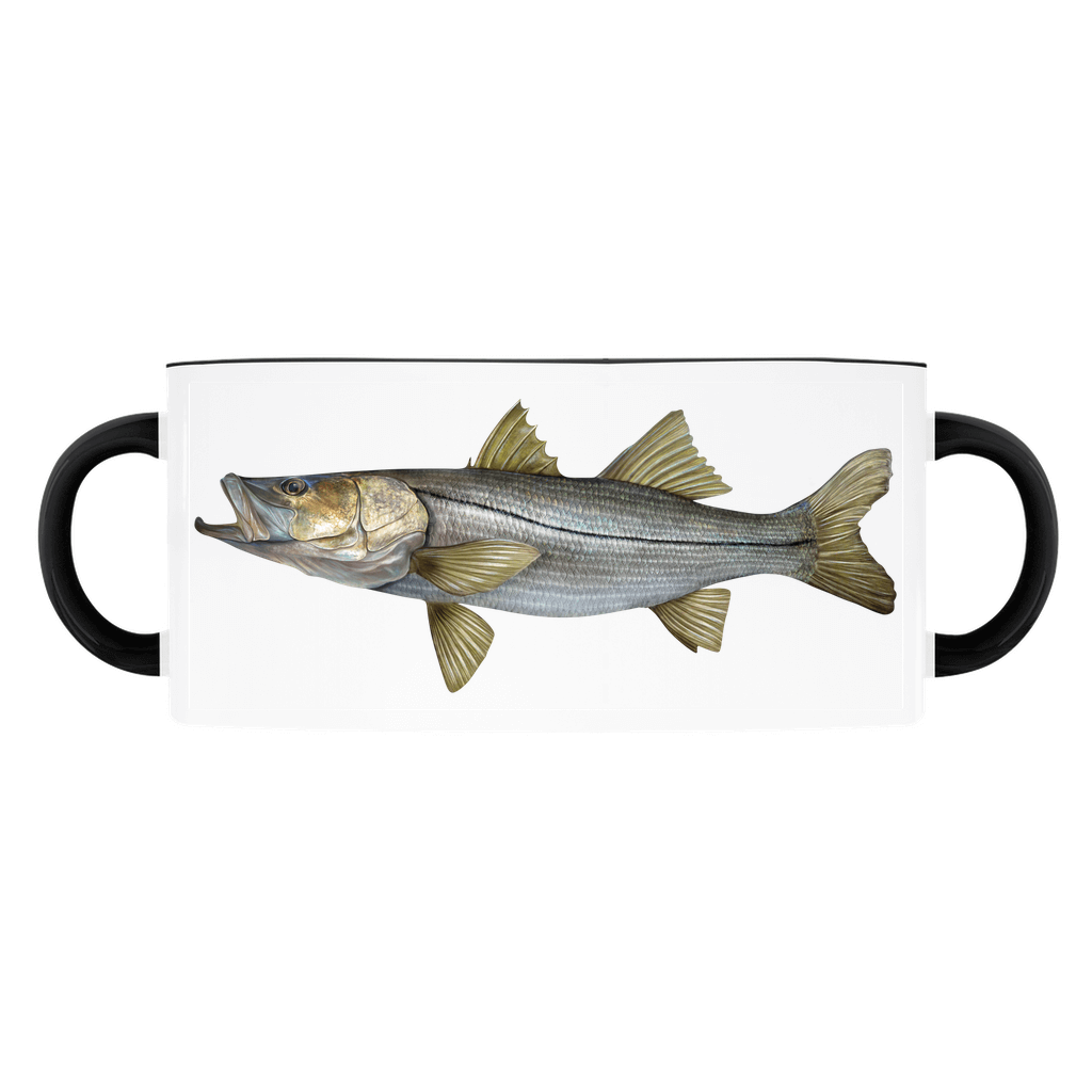 White ceramic mug with a detailed illustration of a large snook fish, featuring black handles on both sides.