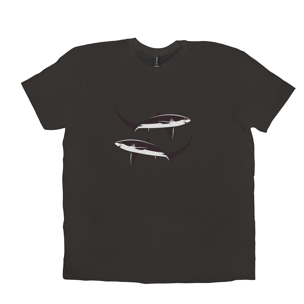 Thresher Shark black T-shirt featuring a black and white shark design with an elongated tail, ideal for fish enthusiasts and anglers.