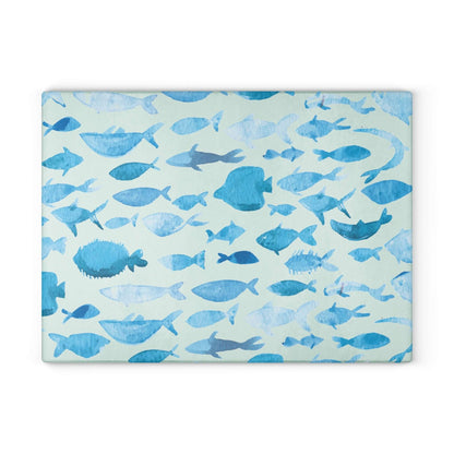 Blue Watercolor Fish Glass Cutting Board with vibrant fish pattern, perfect for stylish kitchen decor and food prep