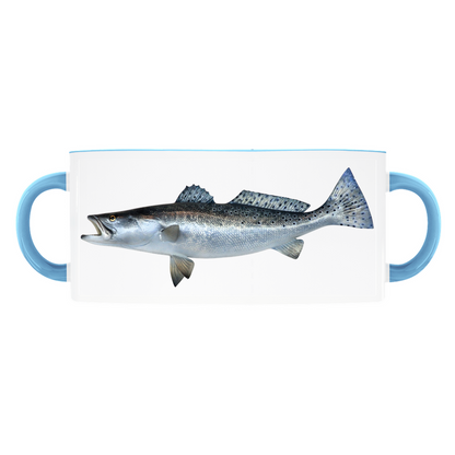 Spotted Seatrout accent mug with light blue handle and rim on white background.